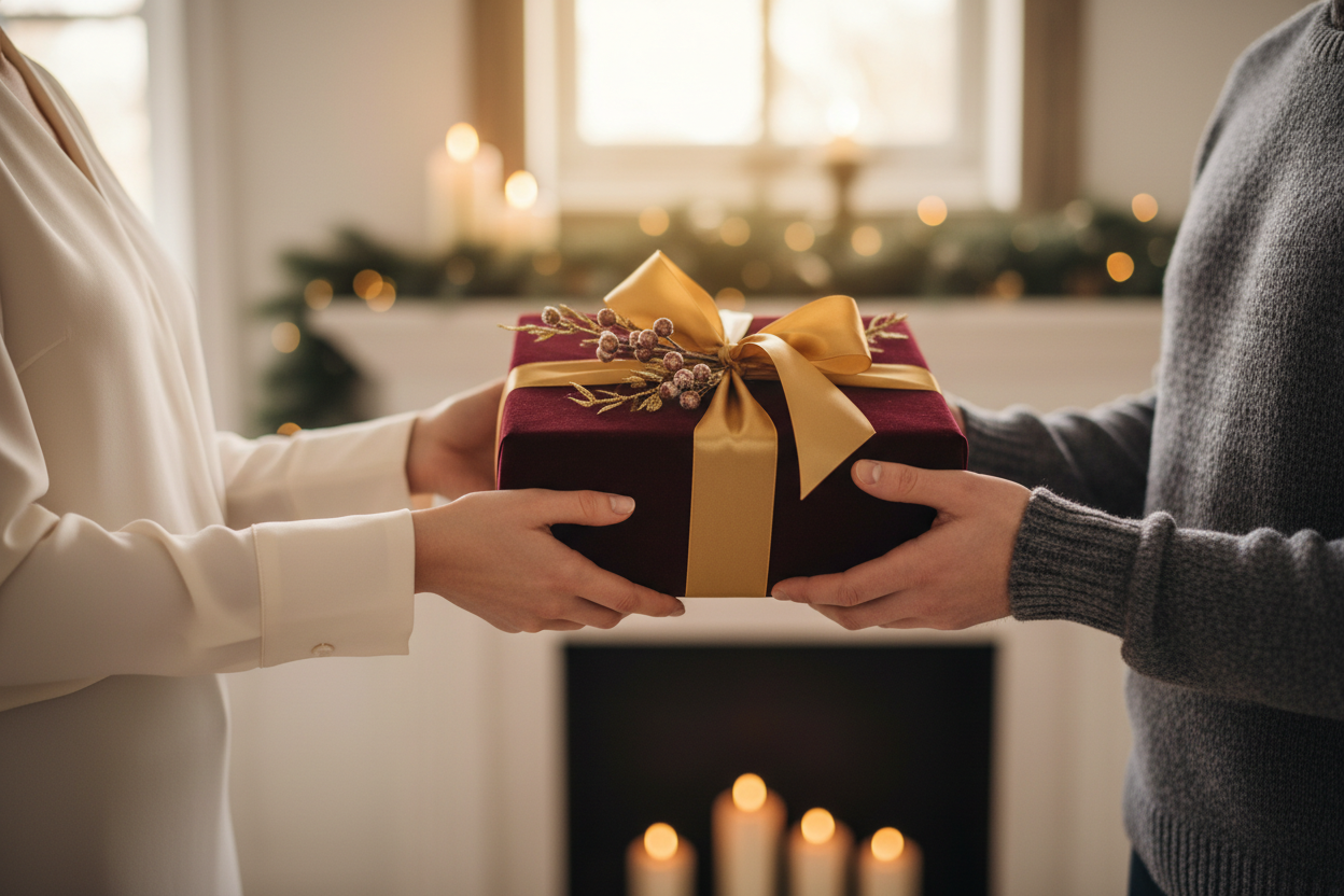 Create a video of two people one handing a gift to each other, only show the mid section of the body of one person handing gift to the other.